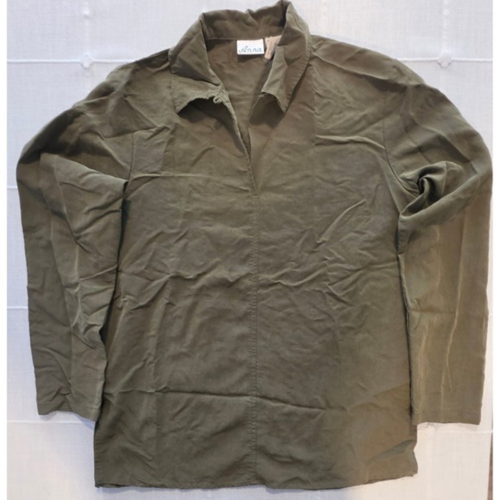 Anna Olive Green Long Sleeve V-Neck Tunic Top Minimalist Polynosic Wool Blend S